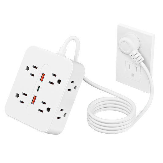 1pc 4-outlet power board surge protector with 4 sockets, 2 USB ports and 1 type-C desktop charging station, equipped with overload protection, suitable for home, office, travel, computer, bedside and travel, white and black