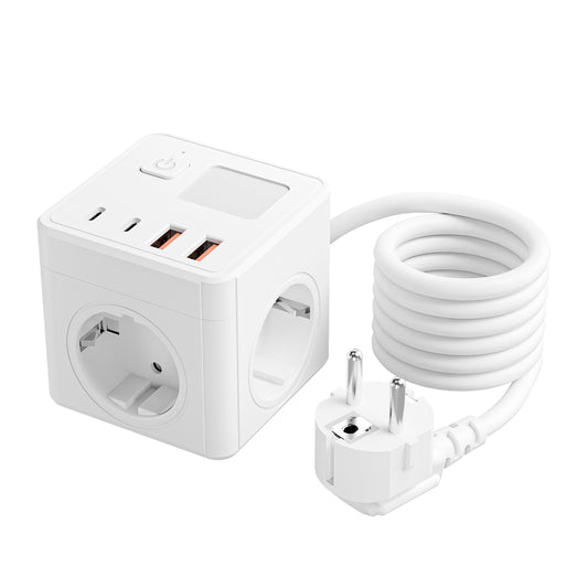 8-in-1 EU power board adapter, 1.5 meters long, 3 AC sockets, 2 USB 2 Type-C ports with 3-color small night lights, 3 different night light colors that can be adjusted.