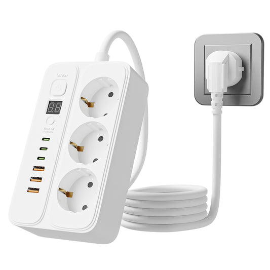 Desk extension power strip with timer-off function and 1.5 m desk extension cord, 3 AC power sources, 3 USB & 3 Type-C interfaces.
