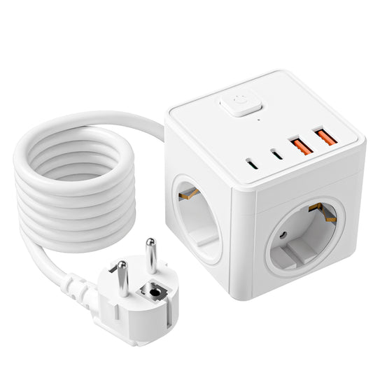 8-in-1 EU power board adapter 1.5 meters long, 3 AC sockets, 2 USB 2 Type-C ports, with extension cord power board, suitable for home, office, travel, and computers.