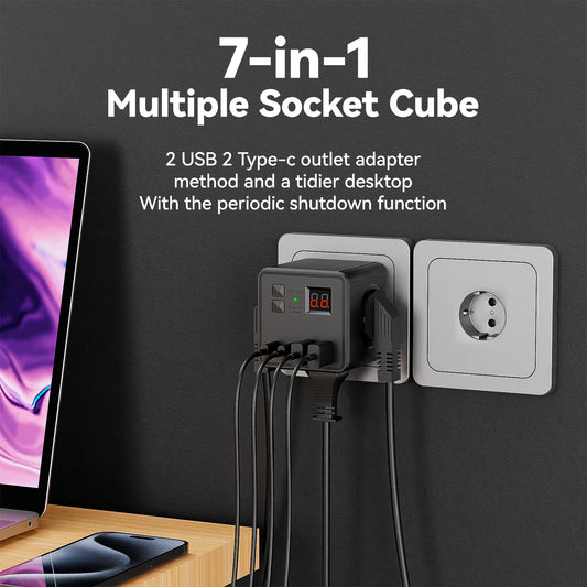 7-in-1 EU Power Board, with surge protector, 3 AC outlets, 2 USB ports & 2 Type-C ports, timed auto-shutoff wall charging station. Suitable for home, office, travel and computers. Available in white and black.
