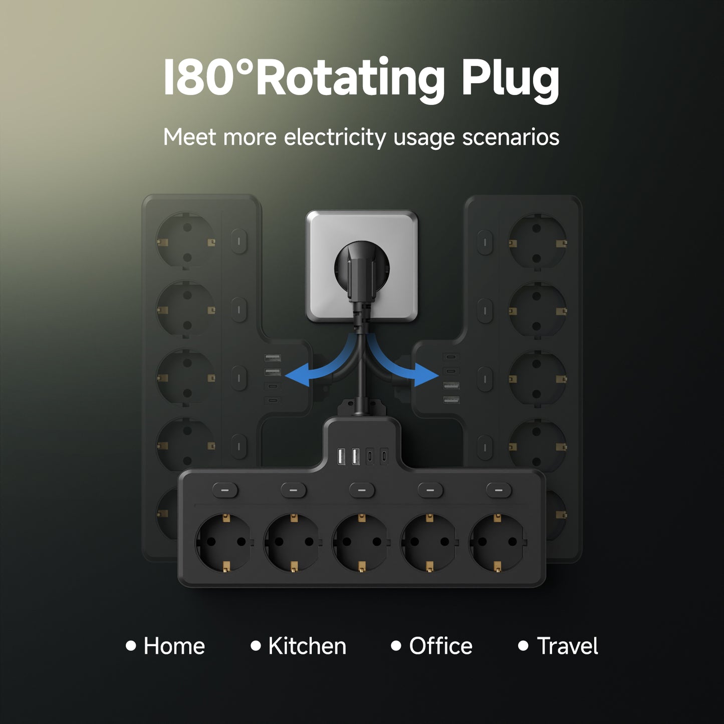 EU Standard Fast Charging 5 AC Outlets 10A Power Plug Socket Extension Lead 2 USB 2 C Output Ports Power Strip