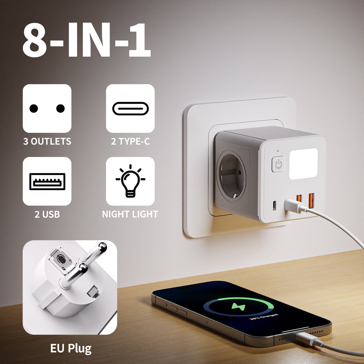 New Safety 3-position (10A/240V) EU/GER 8 in 1 Cube Wall Socket Equipped Small Night Light
