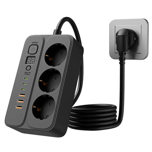 Desk extension power strip with timer-off function and 1.5 m desk extension cord, 3 AC power sources, 3 USB & 3 Type-C interfaces.