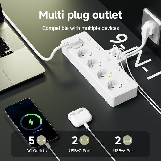 EU Standard Fast Charging 5 AC Outlets 10A Power Plug Socket Extension Lead 2 USB 2 C Output Ports Power Strip