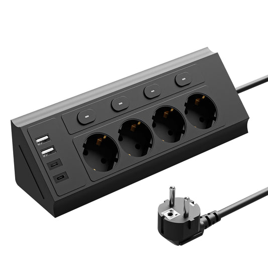 8-in-1 EU standard power strip, equipped with a 1.5m extension cord, and 4 independent switches for AC sockets. It has 2 USB and 2 Type-C interfaces, suitable for various power usage scenarios such as kitchens, office desks, living room TVs, etc.