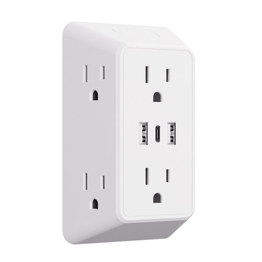 9-in-1 socket US power board, surge protector power strip, 3 AC sockets, 2 USB 1 Type-C ports, desktop charging station with overload protection, suitable for home, office, travel, computer, white and black.