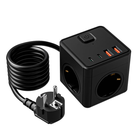 8-in-1 EU power board adapter 1.5 meters long, 3 AC sockets, 2 USB 2 Type-C ports, with extension cord power board, suitable for home, office, travel, and computers.