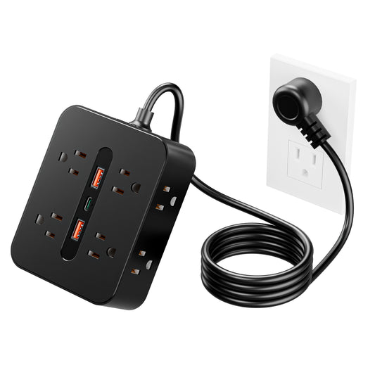 1pc 4-outlet power board surge protector with 4 sockets, 2 USB ports and 1 type-C desktop charging station, equipped with overload protection, suitable for home, office, travel, computer, bedside and travel, white and black