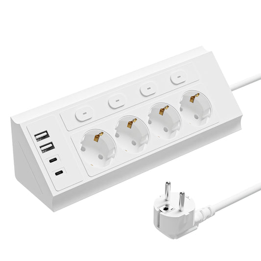 8-in-1 EU standard power strip, equipped with a 1.5m extension cord, and 4 independent switches for AC sockets. It has 2 USB and 2 Type-C interfaces, suitable for various power usage scenarios such as kitchens, office desks, living room TVs, etc.