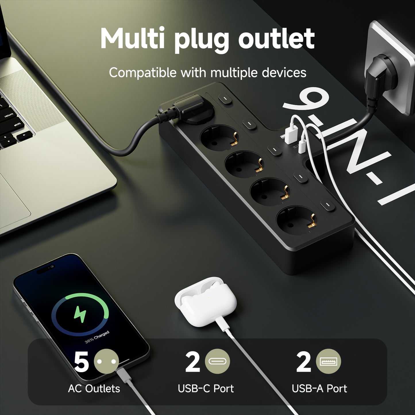 EU Standard Fast Charging 5 AC Outlets 10A Power Plug Socket Extension Lead 2 USB 2 C Output Ports Power Strip