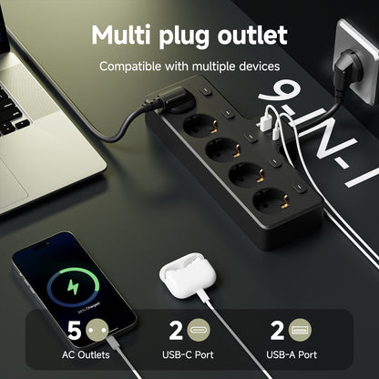 EU Standard Fast Charging 5 AC Outlets 10A Power Plug Socket Extension Lead 2 USB 2 C Output Ports Power Strip