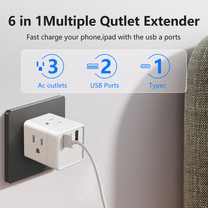 6-in-1 US power board, power board surge protector, 3 AC sockets, 2 USB 1 Type-C, desktop charging station with overload protection, suitable for home, office, travel, computer, white and black.