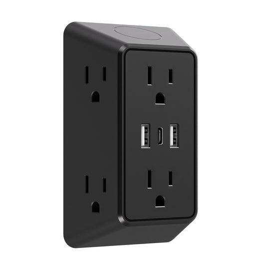 9-in-1 socket US power board, surge protector power strip, 3 AC sockets, 2 USB 1 Type-C ports, desktop charging station with overload protection, suitable for home, office, travel, computer, white and black.