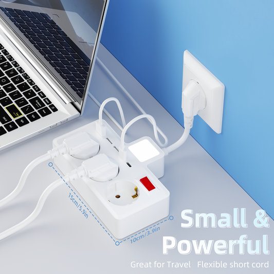 8-in-1 EU power strip with adjustable three-color night light. Equipped with 3 AC outlets, 3 USB ports and 2 Type-C ports, ideal for home, office, travel, dorm and bedroom use.