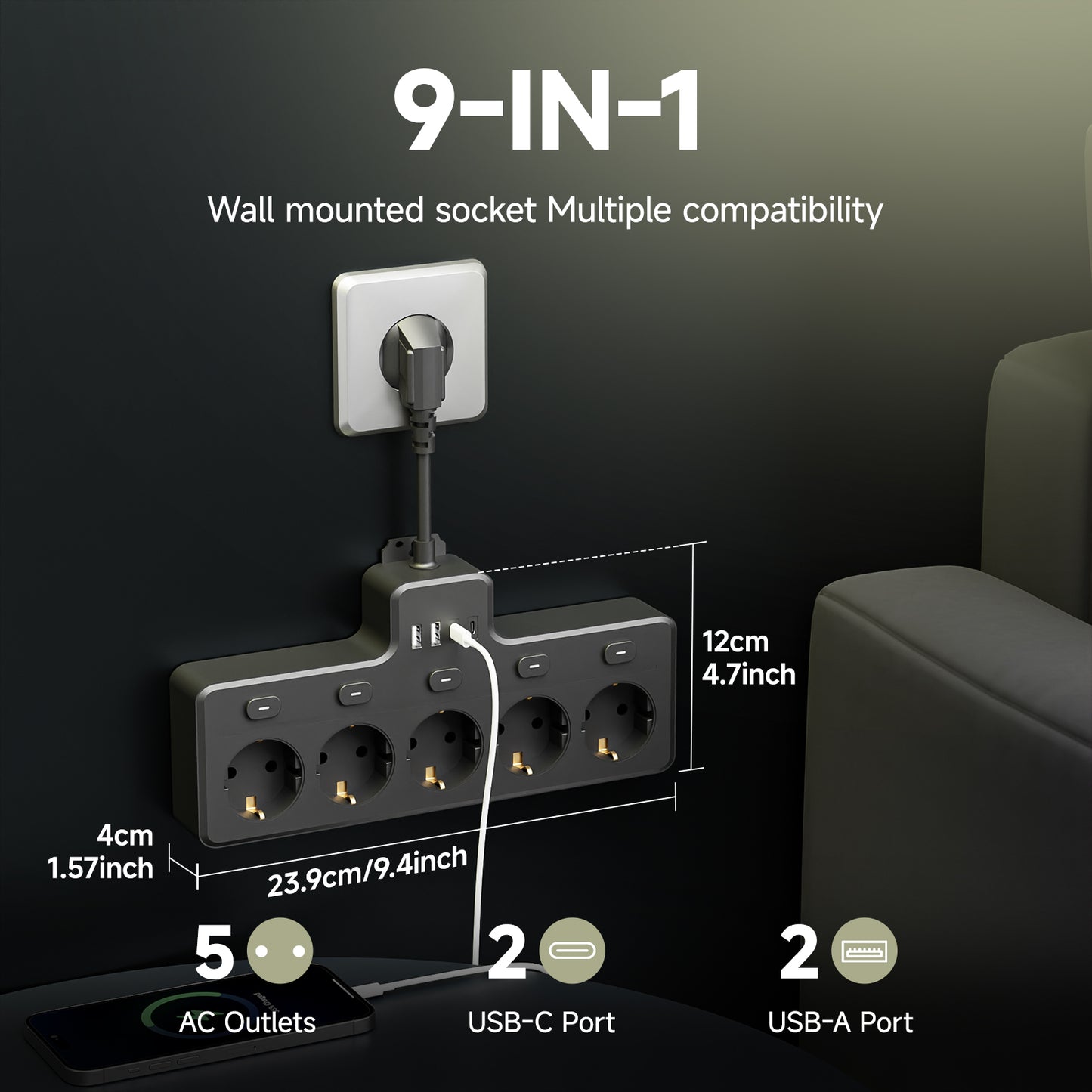 EU Standard Fast Charging 5 AC Outlets 10A Power Plug Socket Extension Lead 2 USB 2 C Output Ports Power Strip