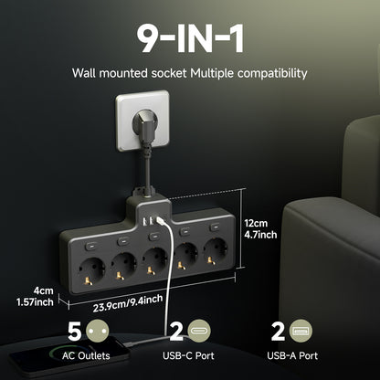 EU Standard Fast Charging 5 AC Outlets 10A Power Plug Socket Extension Lead 2 USB 2 C Output Ports Power Strip
