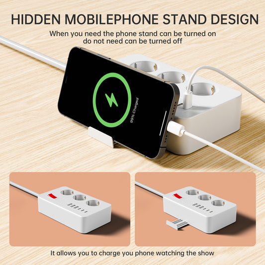 1 × European Power Panel with 9 Sockets, featuring 3 AC Sockets, 3 USB and 3 Type-C Ports, 1.5m Extension Cord. Suitable for home, office, travel and computer use. Available in white and black.