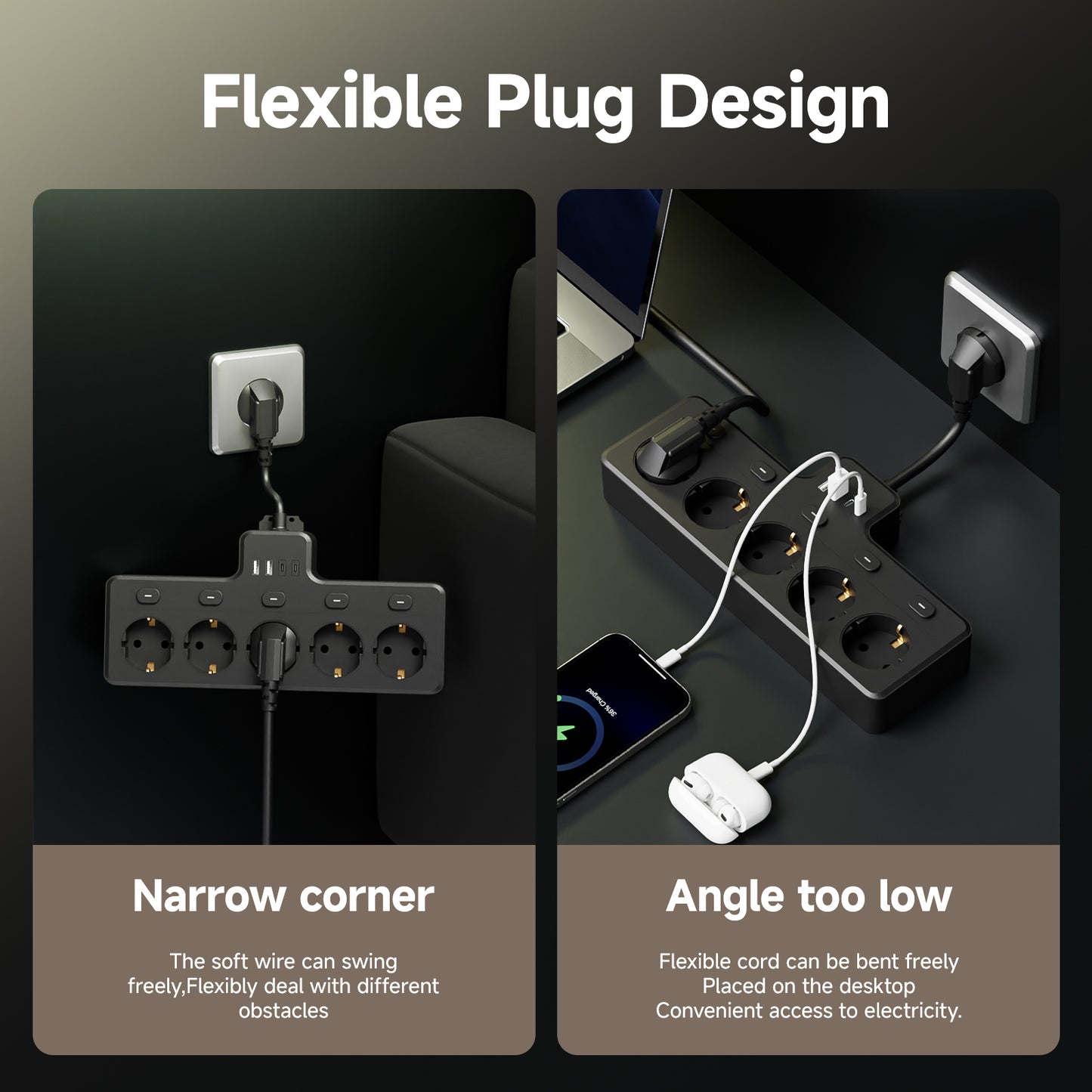 EU Standard Fast Charging 5 AC Outlets 10A Power Plug Socket Extension Lead 2 USB 2 C Output Ports Power Strip