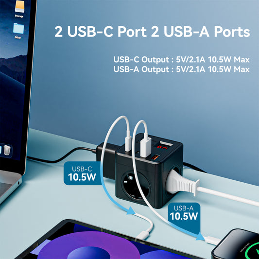 7-in-1 EU Power Strip with 1.5m Extension Cord, 3 AC Sockets, 2 USB & 2 Type-C Ports, Timed Auto-Shutoff Charging Station. Suitable for home, office, travel and computers. Available in white and black.