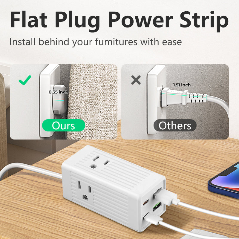 1pc 3-outlet surge protection wall charger with 2 USB and 2 type-C ports - concealed plug and travel adapter, suitable for US socket extension and surge protection
