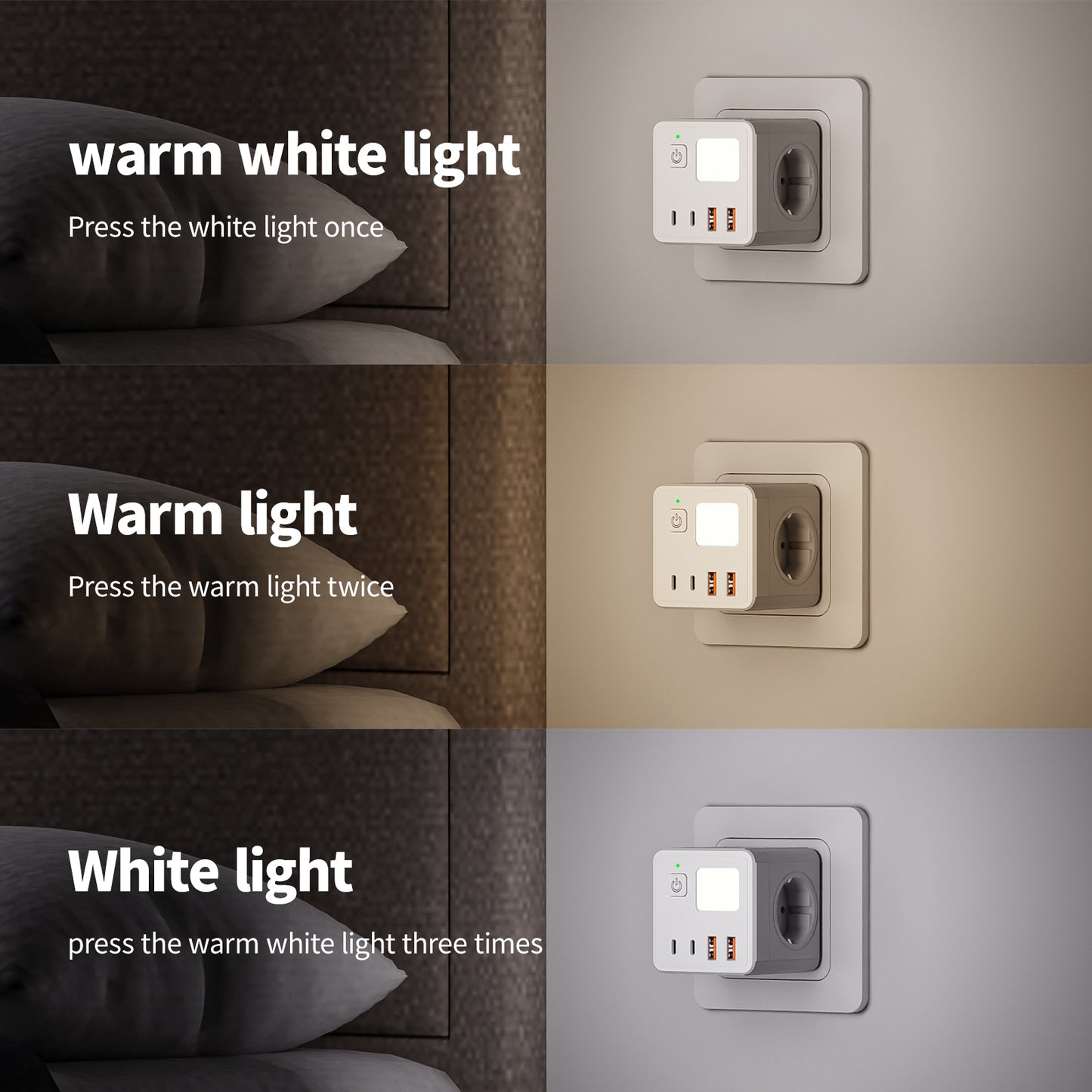 New Safety 3-position (10A/240V) EU/GER 8 in 1 Cube Wall Socket Equipped Small Night Light