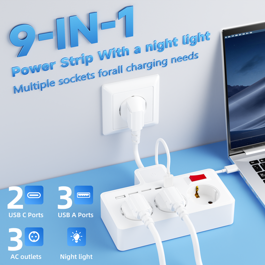 8-in-1 EU power strip with adjustable three-color night light. Equipped with 3 AC outlets, 3 USB ports and 2 Type-C ports, ideal for home, office, travel, dorm and bedroom use.
