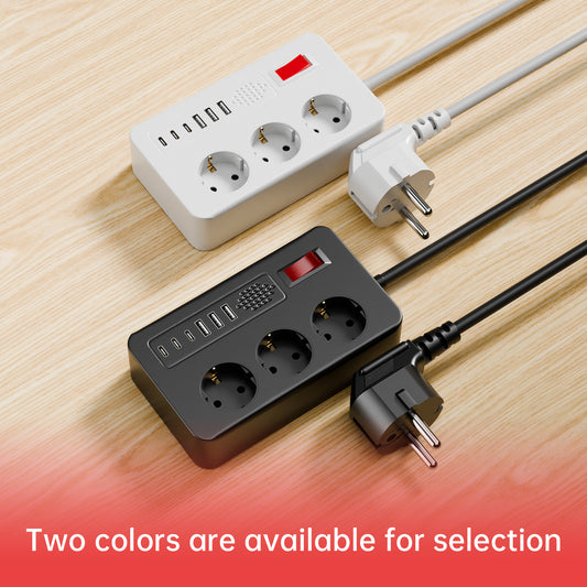 1 × European Power Panel with 9 Sockets, featuring 3 AC Sockets, 3 USB and 3 Type-C Ports, 1.5m Extension Cord. Suitable for home, office, travel and computer use. Available in white and black.