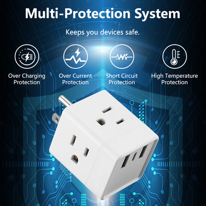 6-in-1 US power board, power board surge protector, 3 AC sockets, 2 USB 1 Type-C, desktop charging station with overload protection, suitable for home, office, travel, computer, white and black.