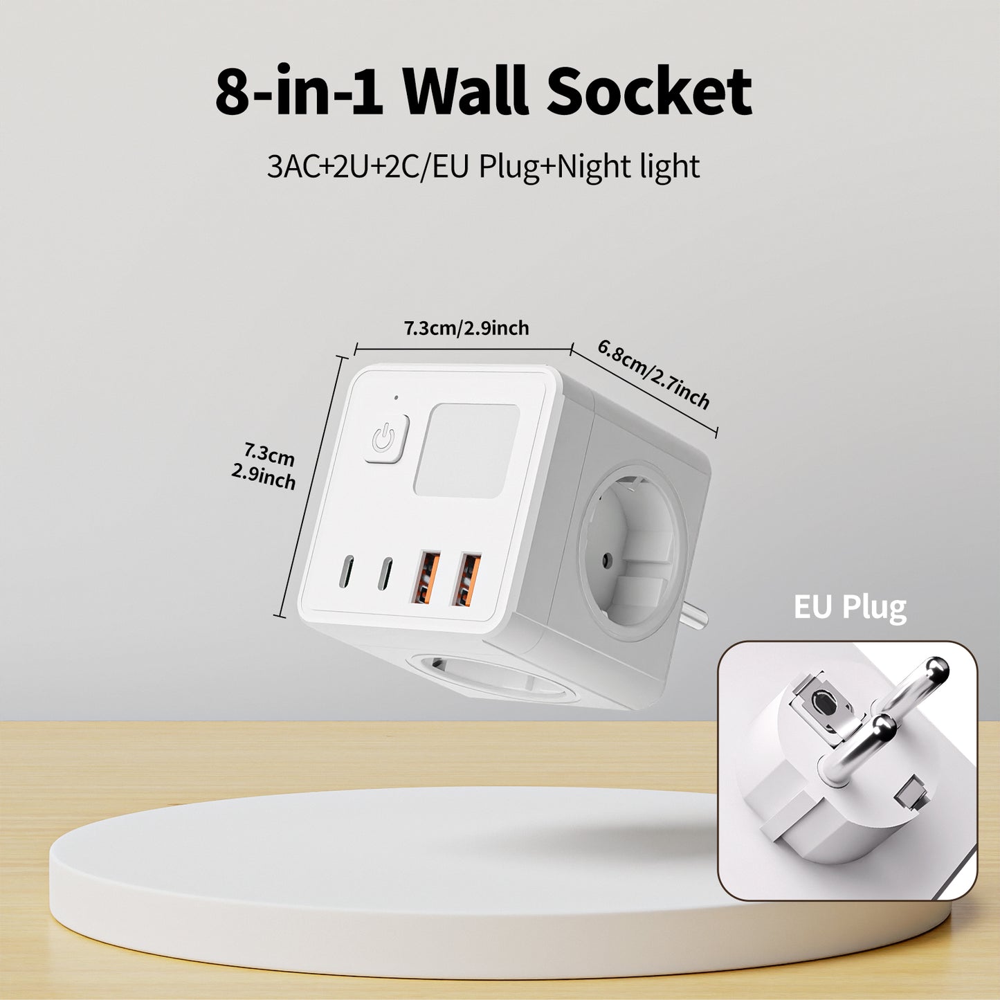 New Safety 3-position (10A/240V) EU/GER 8 in 1 Cube Wall Socket Equipped Small Night Light