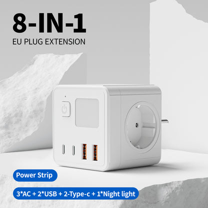 New Safety 3-position (10A/240V) EU/GER 8 in 1 Cube Wall Socket Equipped Small Night Light