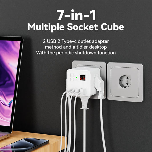 7-in-1 EU Power Board, with surge protector, 3 AC outlets, 2 USB ports & 2 Type-C ports, timed auto-shutoff wall charging station. Suitable for home, office, travel and computers. Available in white and black.