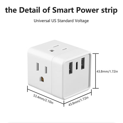 6-in-1 US power board, power board surge protector, 3 AC sockets, 2 USB 1 Type-C, desktop charging station with overload protection, suitable for home, office, travel, computer, white and black.